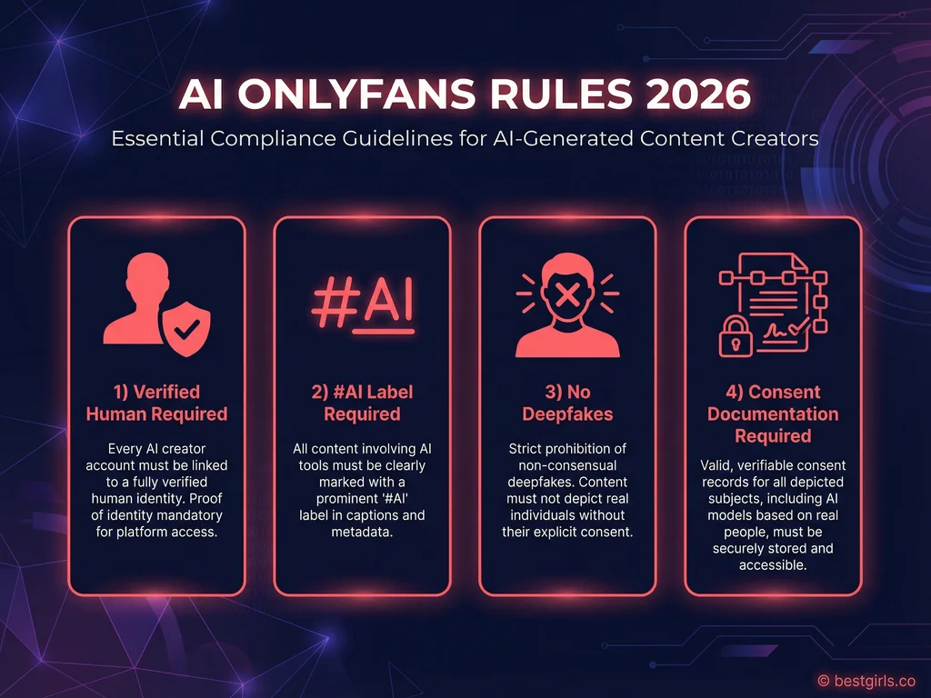 Infographic showing OnlyFans AI content policy requirements for 2026