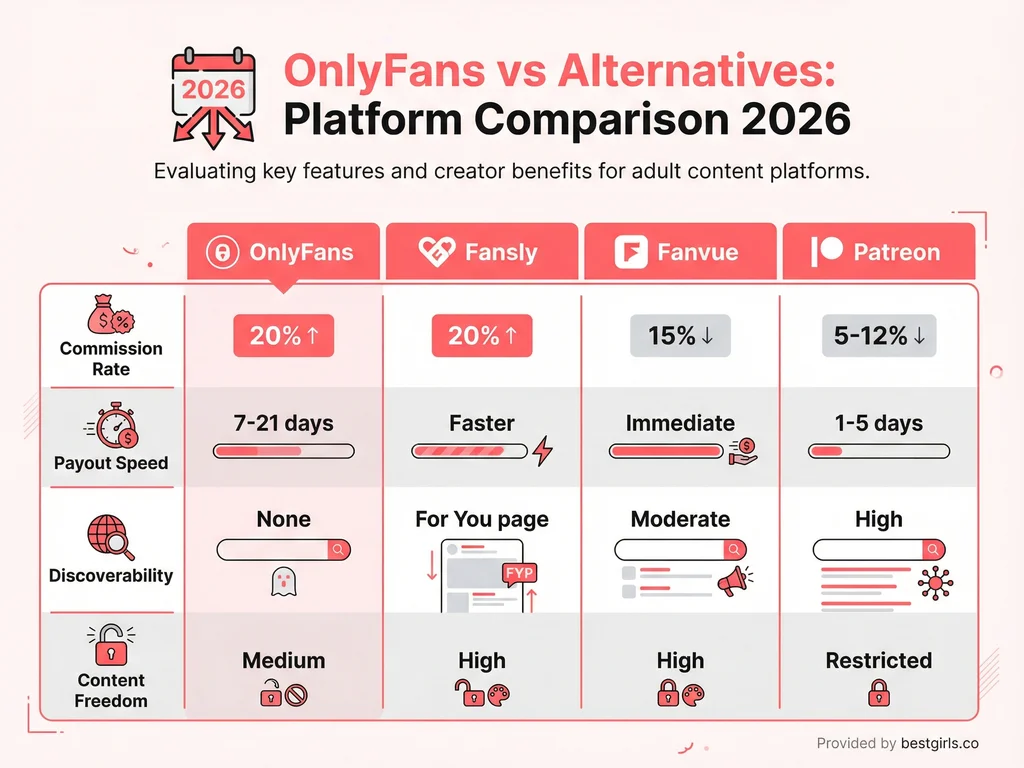 Comparison chart of OnlyFans versus Fansly, Fanvue, and Patreon showing fees, payout speeds, and features