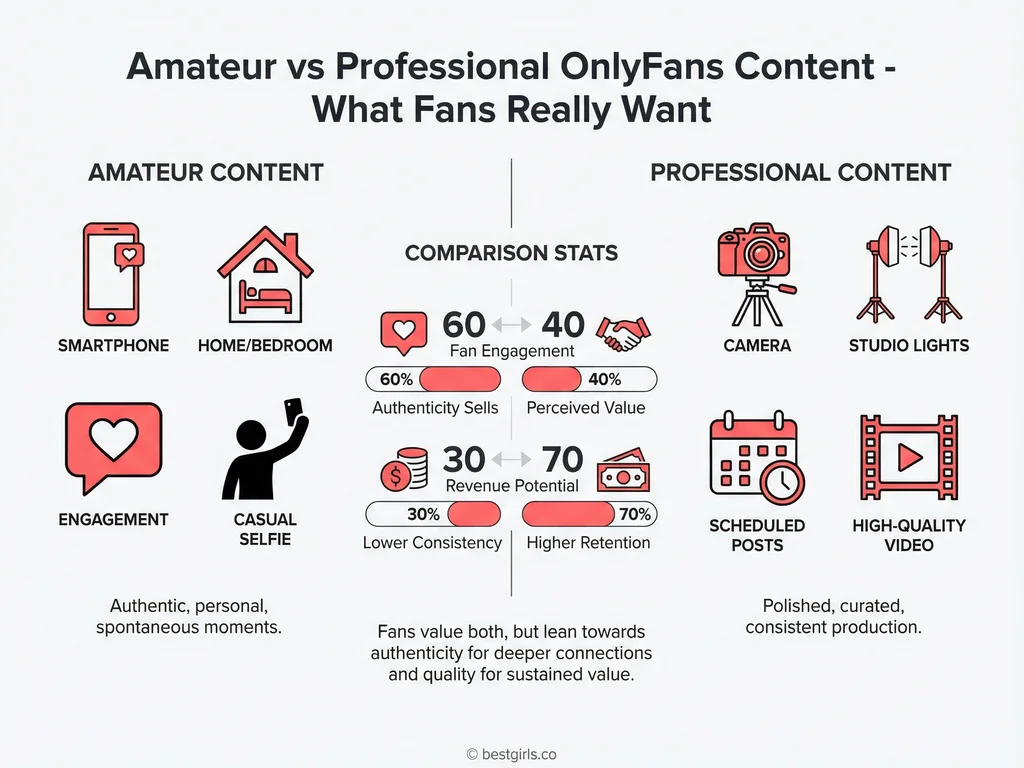 Infographic comparing amateur versus professional OnlyFans content characteristics