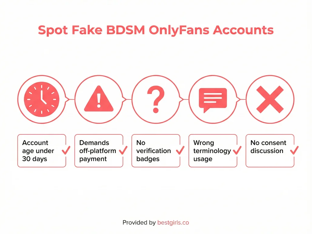 Infographic showing five red flags for identifying fake BDSM OnlyFans accounts
