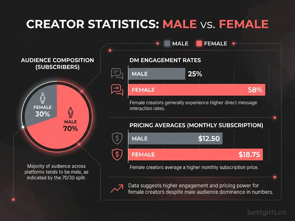 Infographic comparing male OnlyFans creator statistics including audience demographics and engagement rates