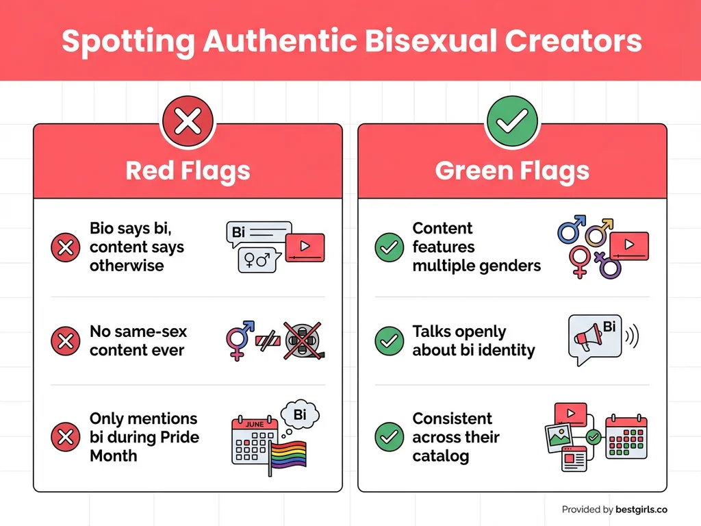 Infographic comparing red flags and green flags when identifying authentic bisexual OnlyFans creators