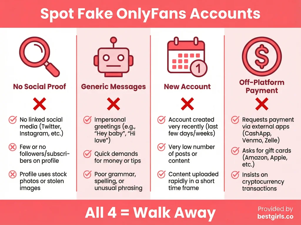 Infographic showing four red flags for fake OnlyFans accounts