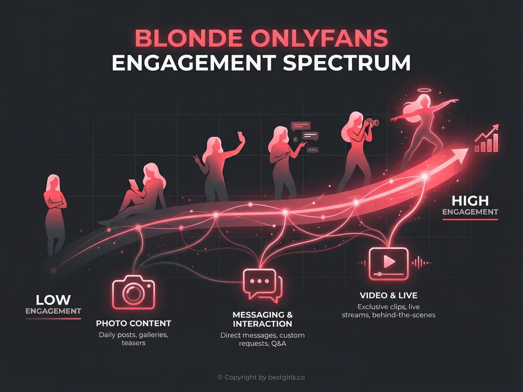 Infographic showing blonde OnlyFans creator engagement metrics and content type distribution