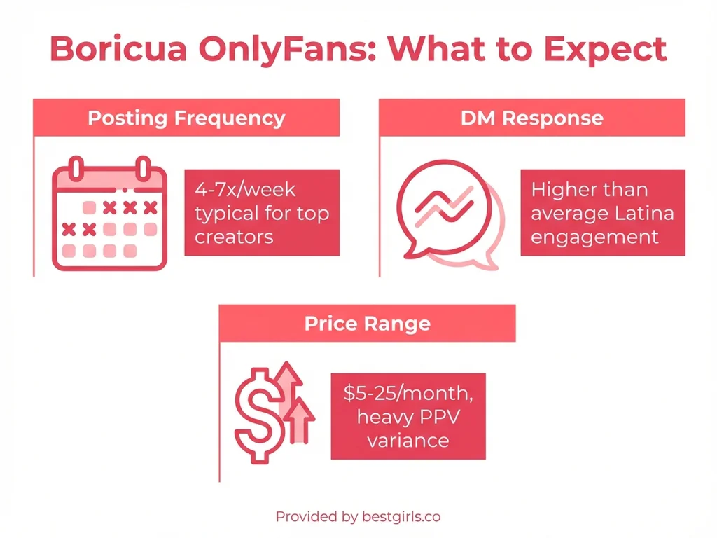 Infographic showing typical posting frequency, DM responsiveness, and pricing for Boricua OnlyFans creators
