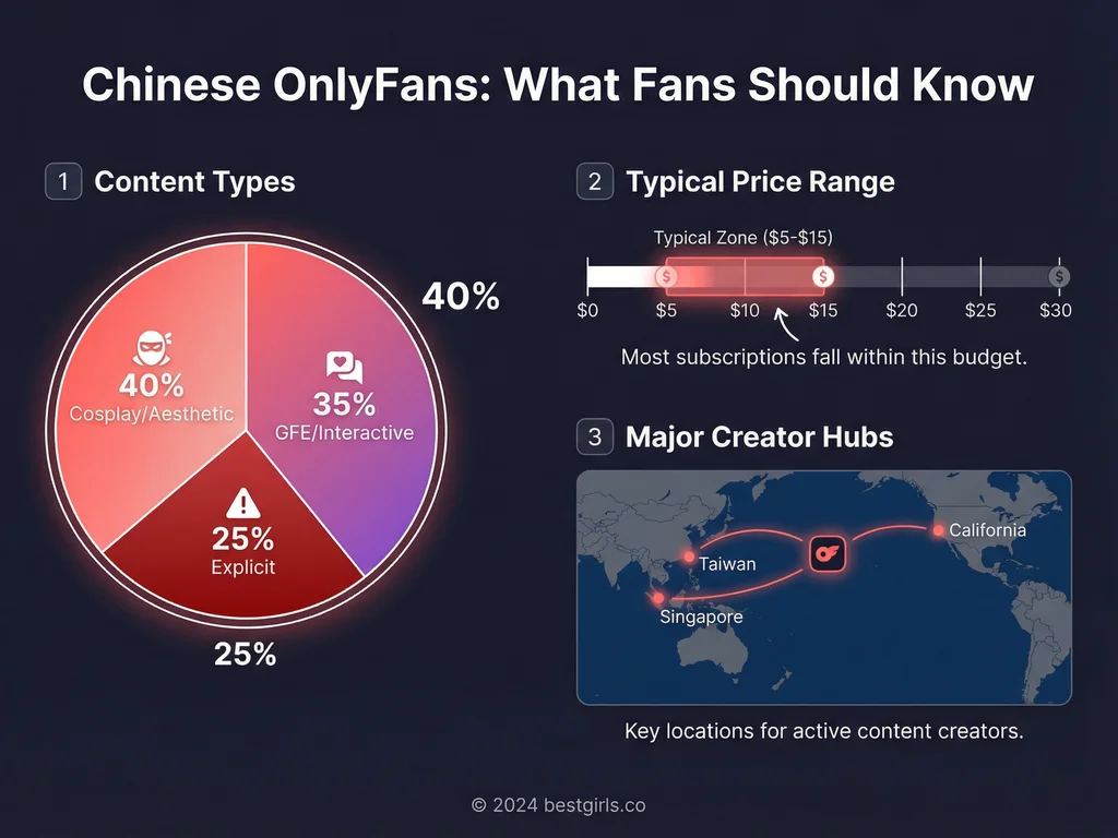 Infographic showing Chinese OnlyFans content breakdown, pricing ranges, and creator locations