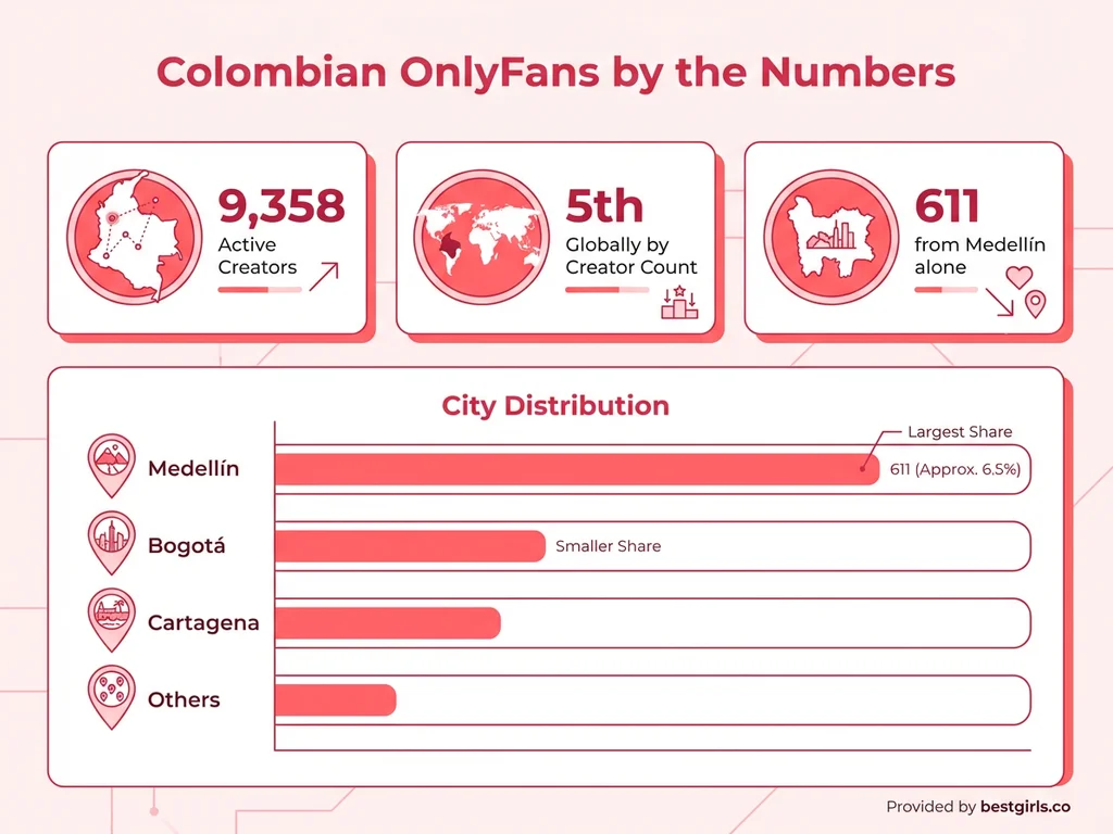 Infographic showing Colombian OnlyFans statistics including creator count and city distribution