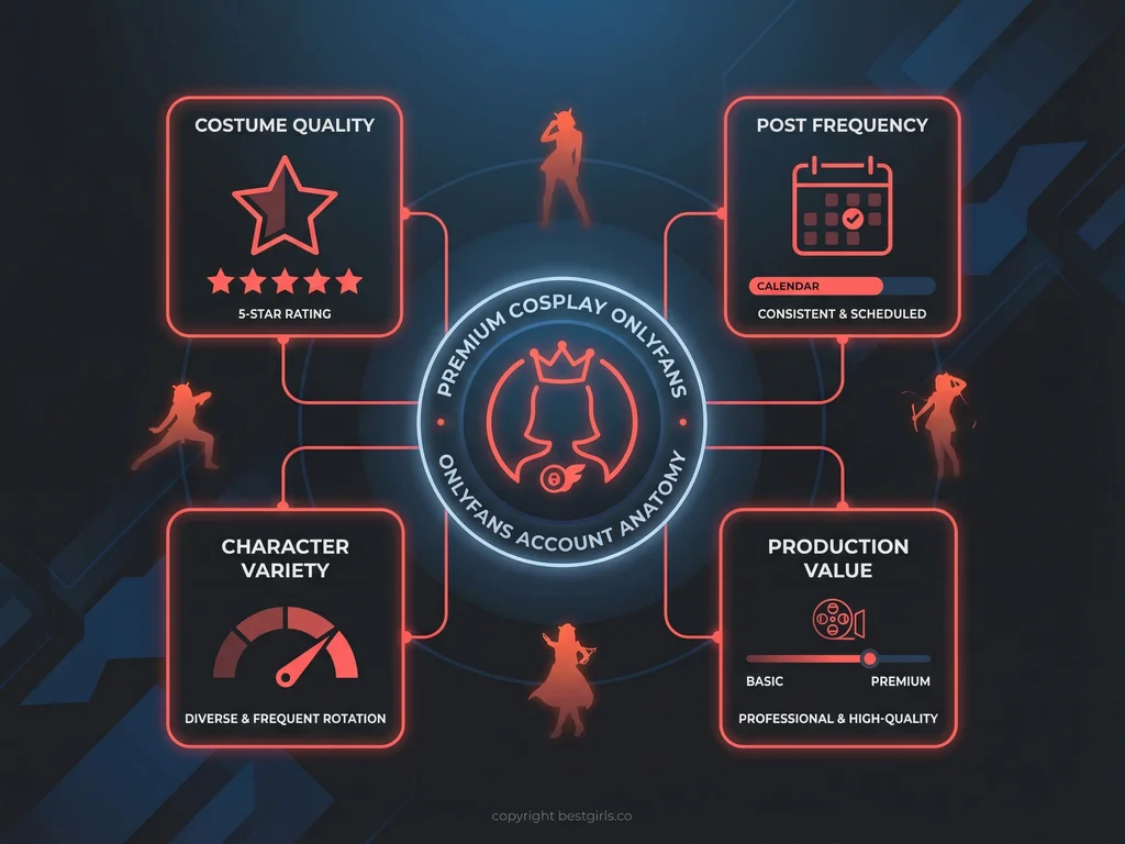 Infographic displaying key quality indicators for evaluating cosplay OnlyFans accounts