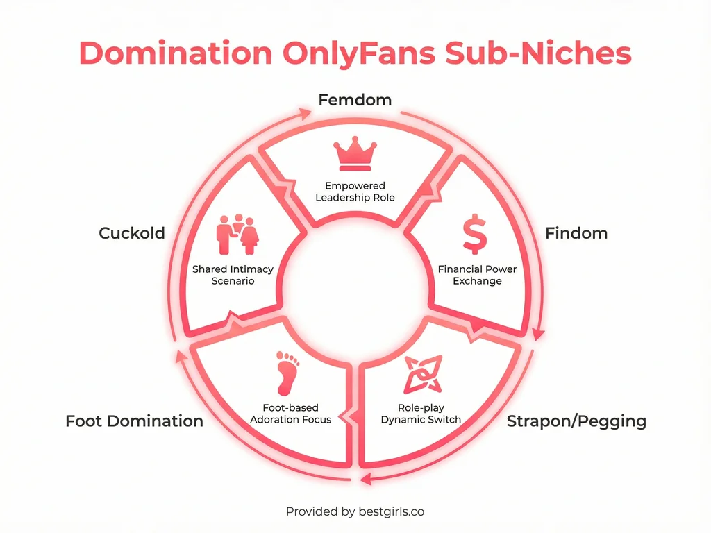 Infographic showing five main sub-niches within domination OnlyFans content