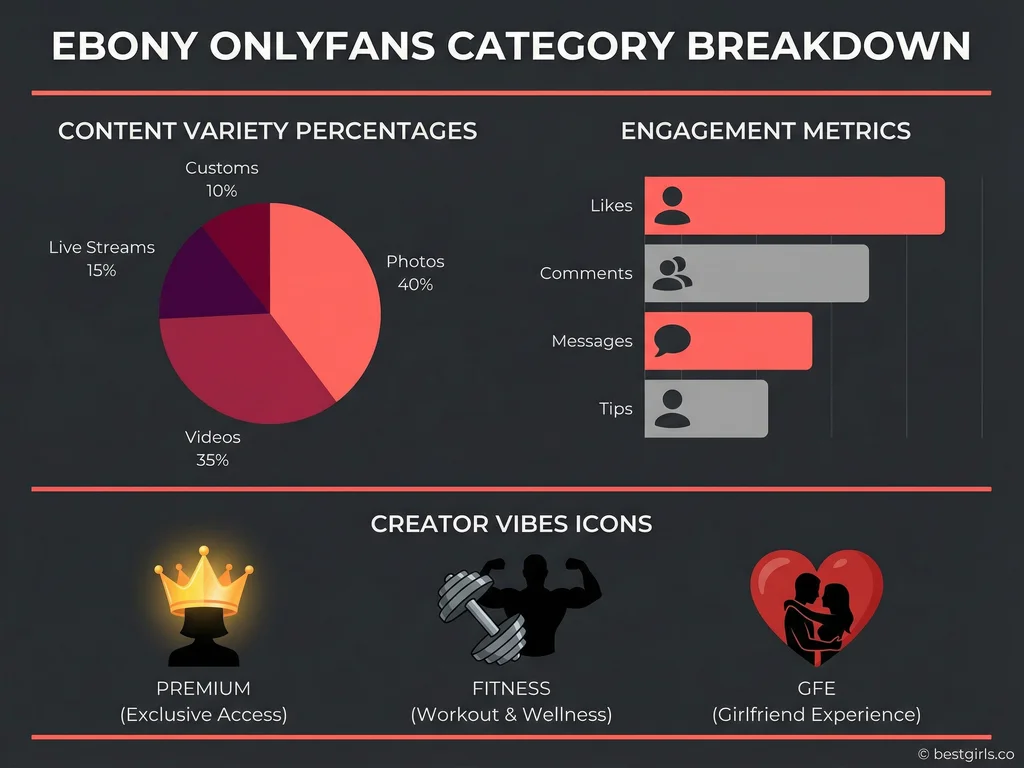 Infographic breaking down ebony OnlyFans creator content types and engagement statistics