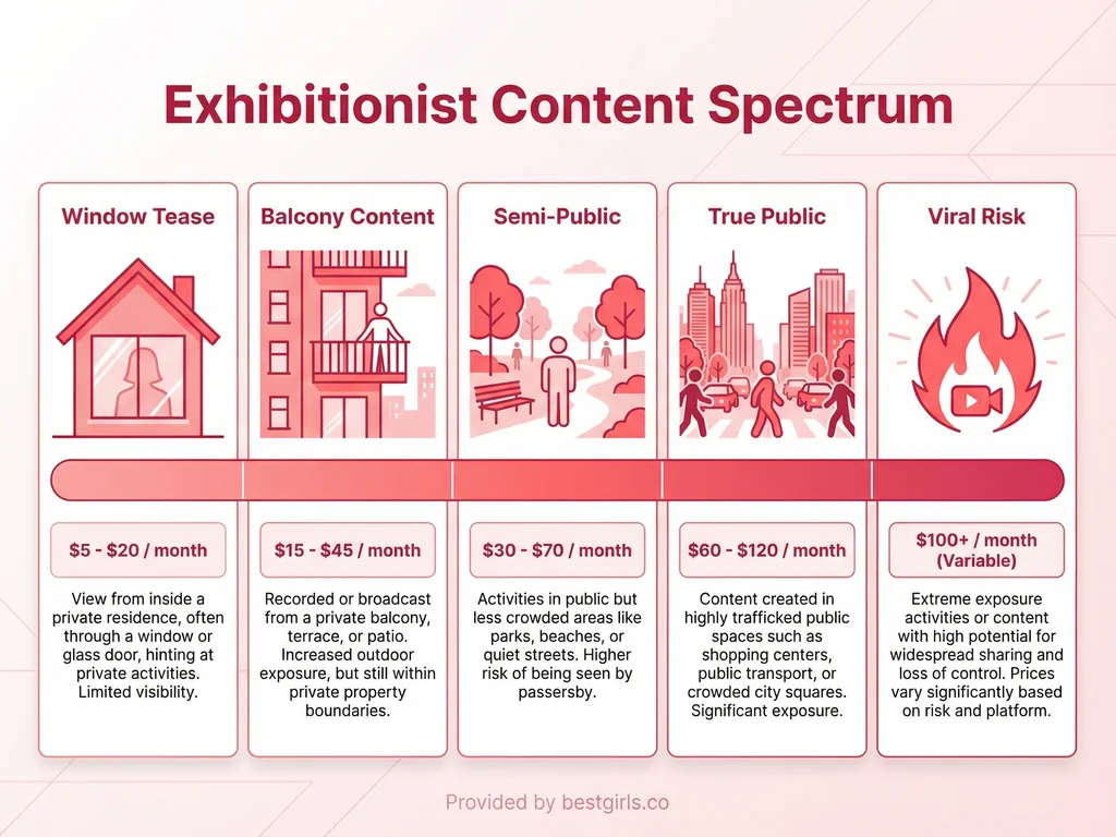 Infographic showing spectrum of exhibitionist content types from mild to extreme