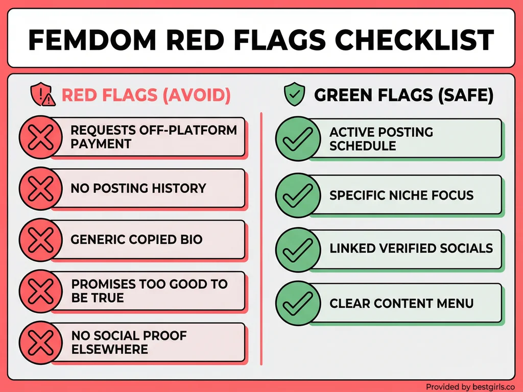 Checklist showing red flags and green flags for femdom OnlyFans accounts