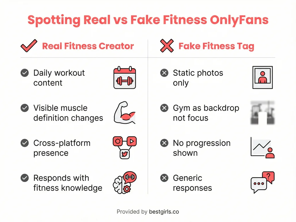 Comparison infographic showing differences between authentic and fake fitness OnlyFans creators