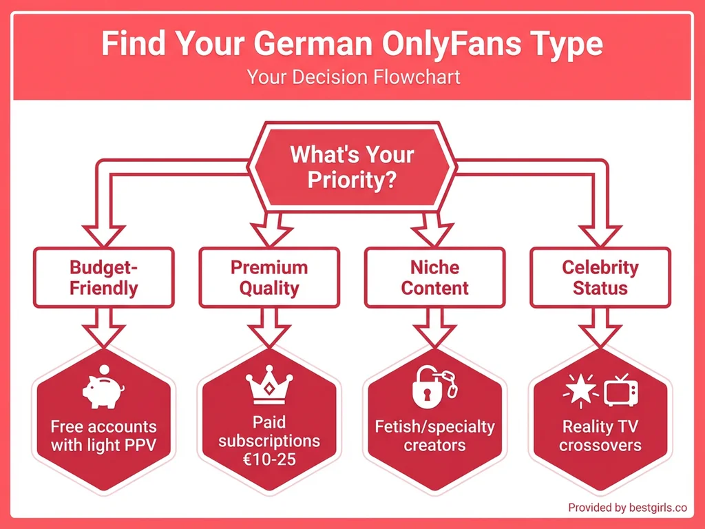 Flowchart helping users decide which type of German OnlyFans creator matches their preferences