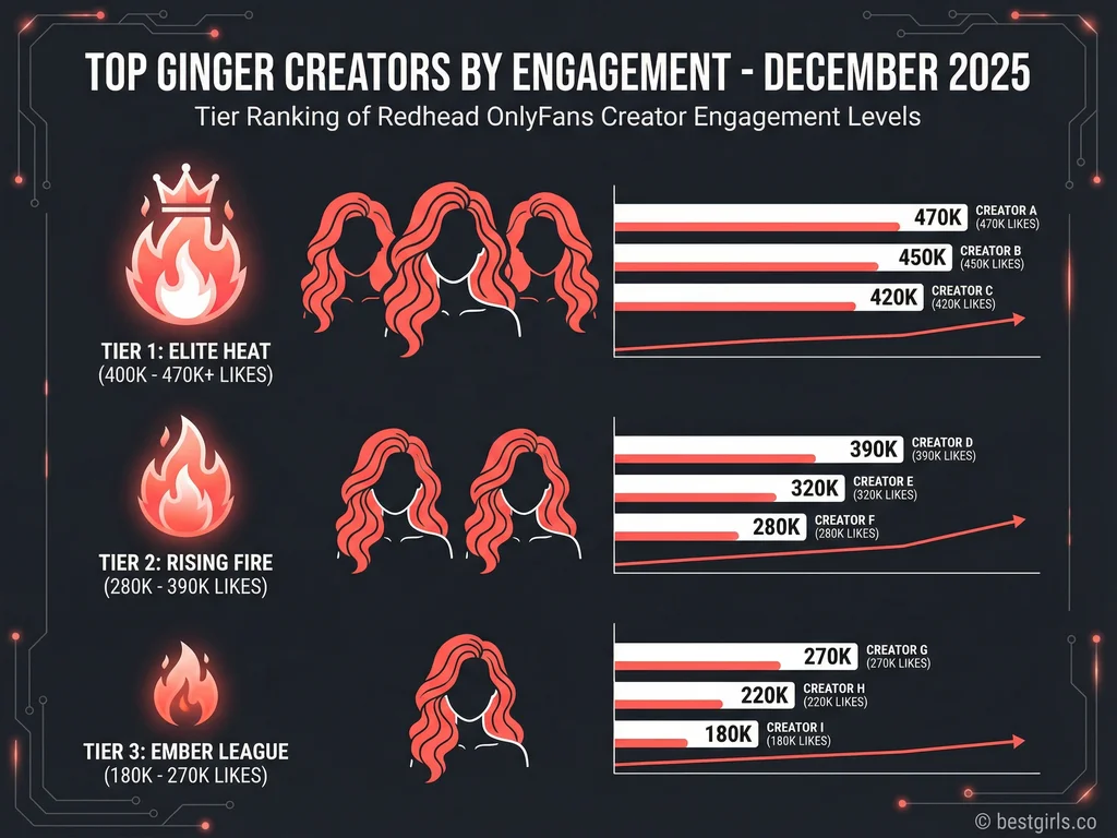 Infographic displaying top redhead OnlyFans creators ranked by subscriber engagement with bar chart visualization