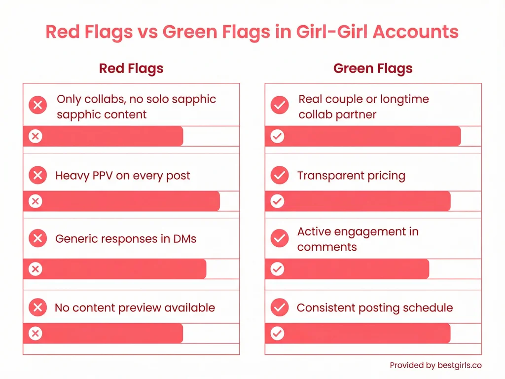 Comparison chart showing warning signs versus positive indicators for girl-girl OnlyFans accounts