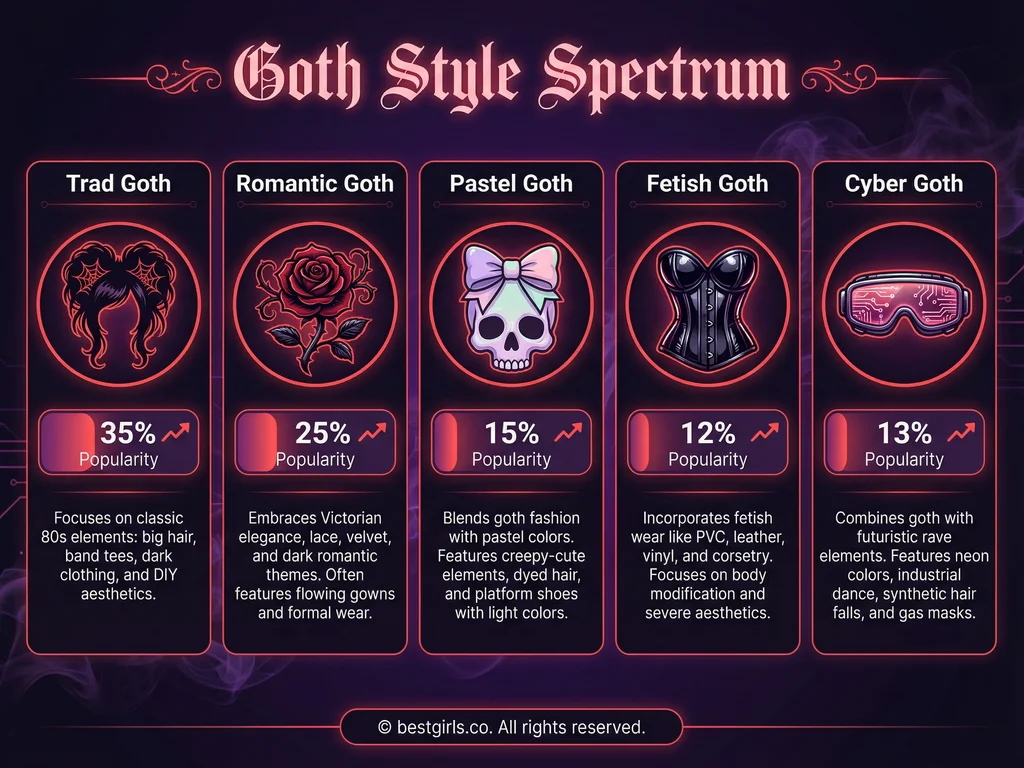 Infographic showing five main goth substyles on OnlyFans with popularity indicators