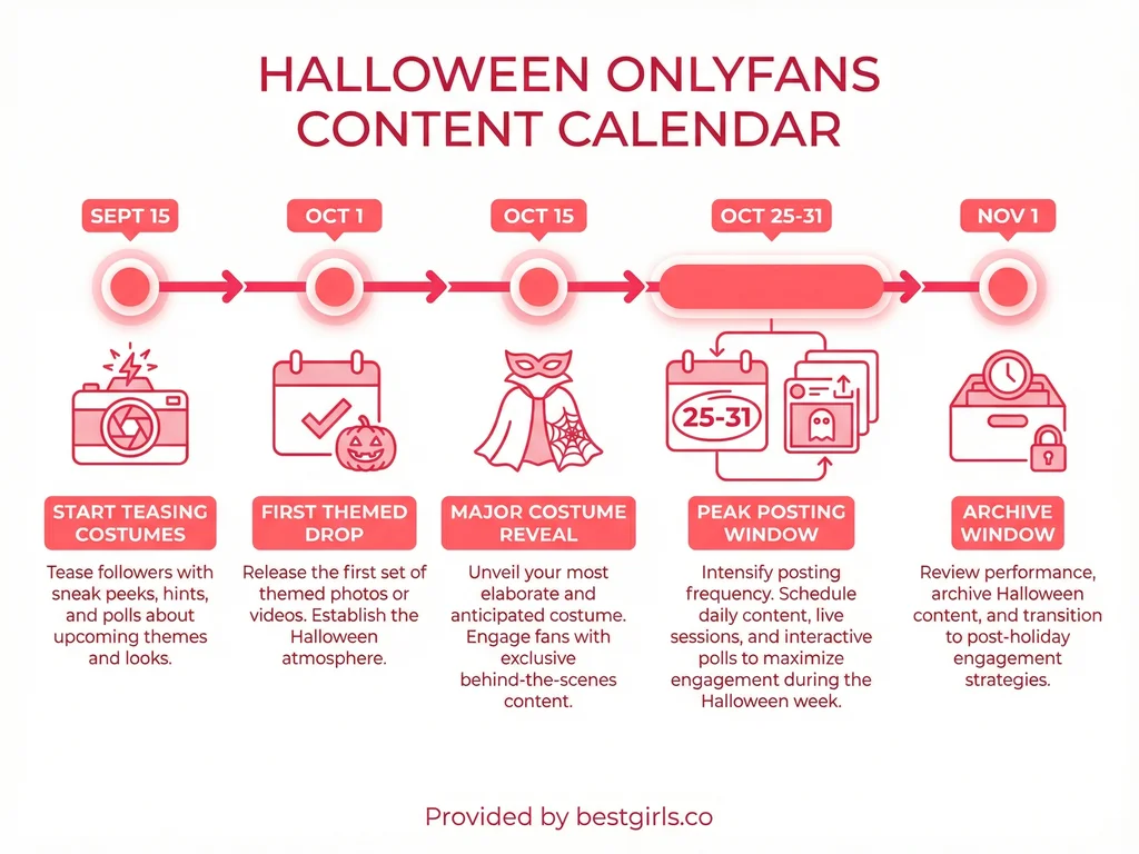 Timeline infographic showing optimal Halloween content posting schedule for OnlyFans