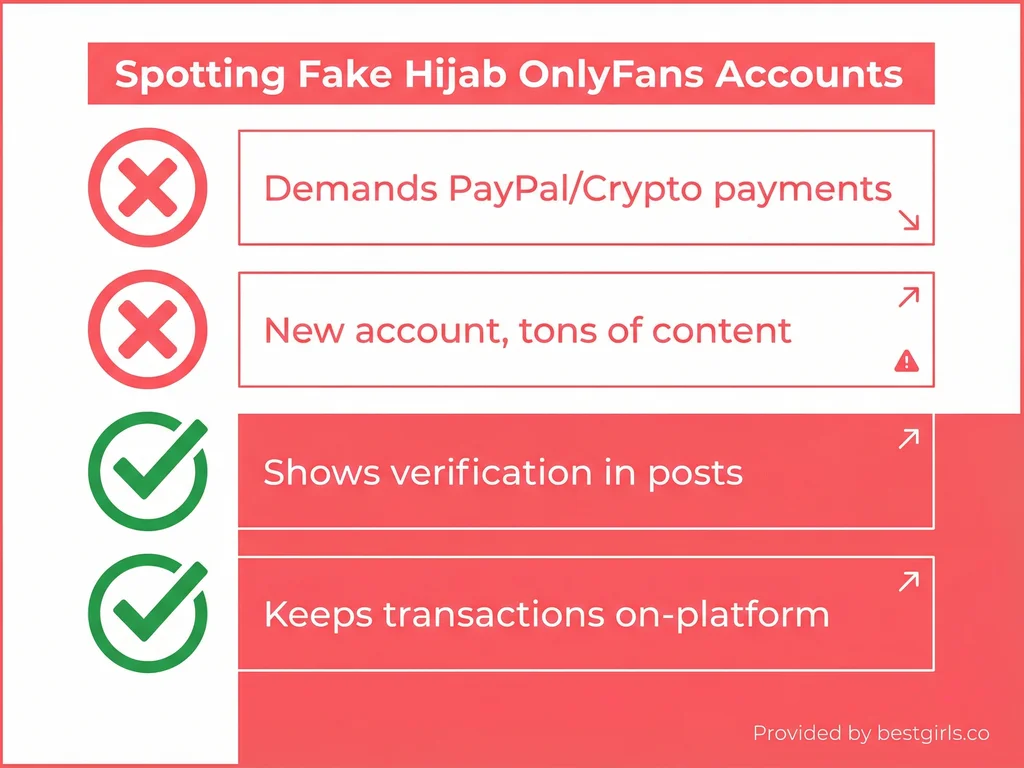 Checklist infographic showing red flags and green flags for identifying authentic hijab OnlyFans creators