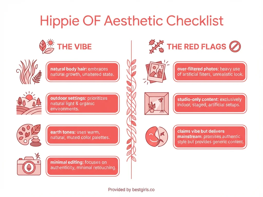 Infographic showing authentic hippie OnlyFans aesthetic elements versus red flags