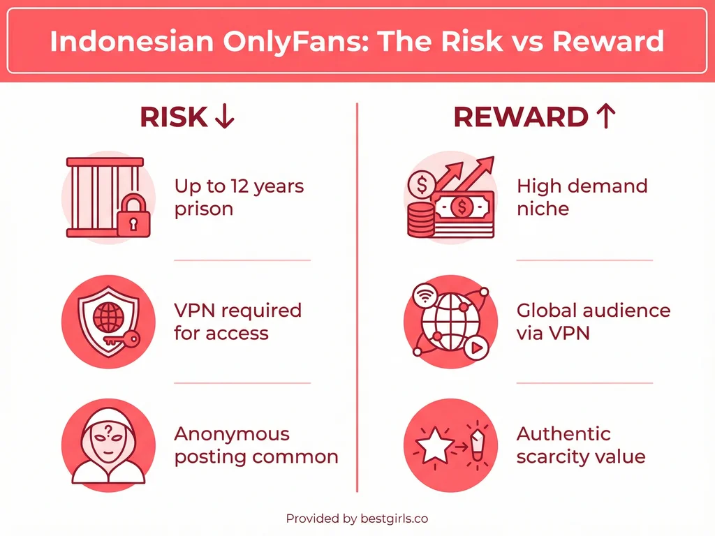 Infographic comparing risks and rewards for Indonesian OnlyFans creators