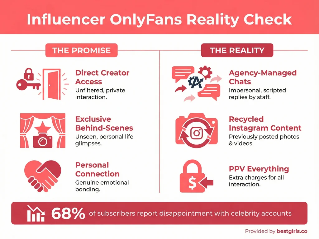 Comparison infographic showing expectations vs reality for influencer OnlyFans accounts