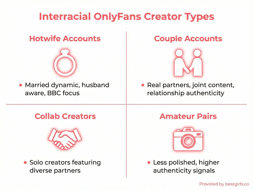 Four-quadrant infographic showing different types of interracial OnlyFans creator categories