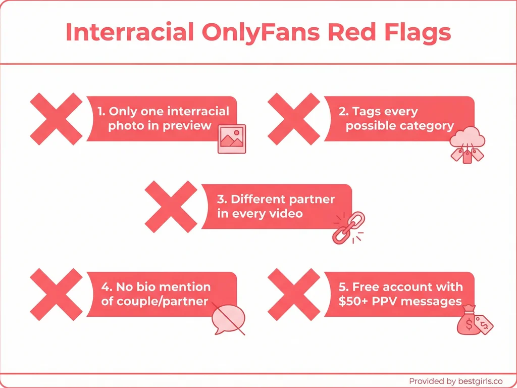Checklist showing five warning signs of fake interracial OnlyFans accounts
