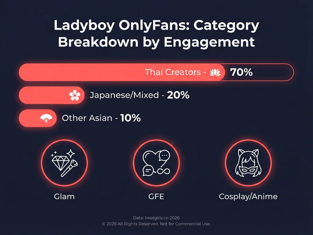 Infographic showing ladyboy OnlyFans creator demographics and content style distribution