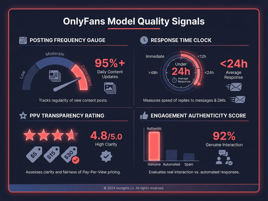 Infographic showing four key quality metrics for evaluating OnlyFans models