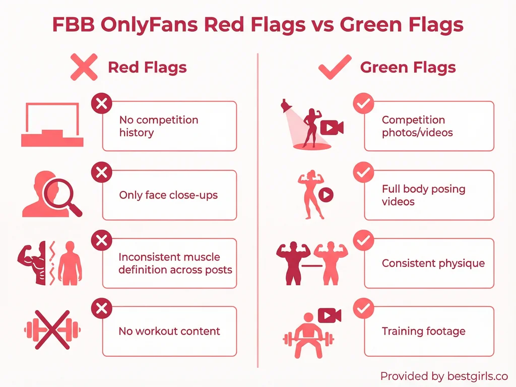 Infographic comparing warning signs and positive indicators when choosing FBB OnlyFans accounts