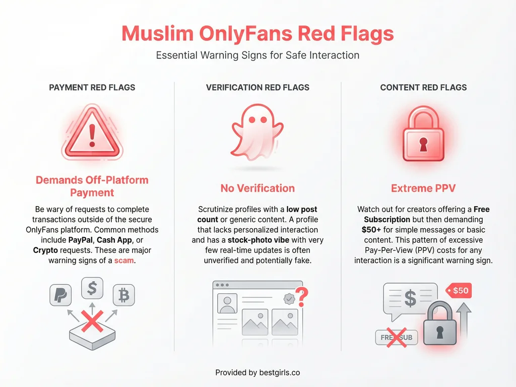 Infographic showing three red flags when choosing Muslim OnlyFans accounts