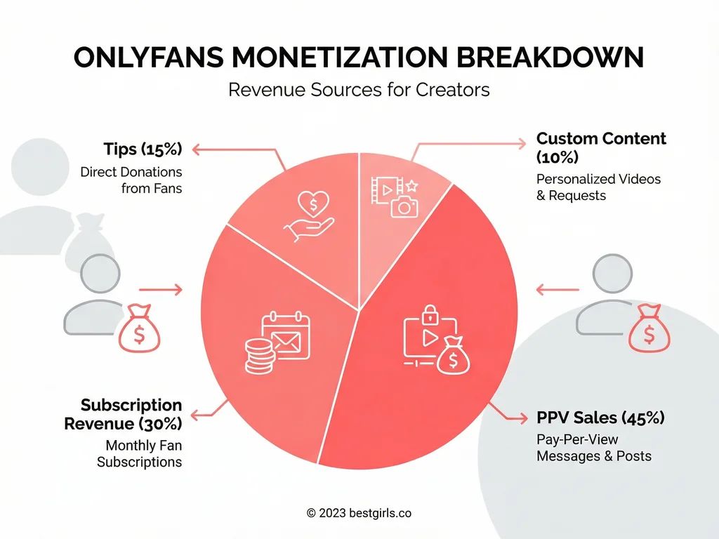 Infographic showing typical pornstar OnlyFans revenue breakdown across subscriptions, PPV, tips, and customs