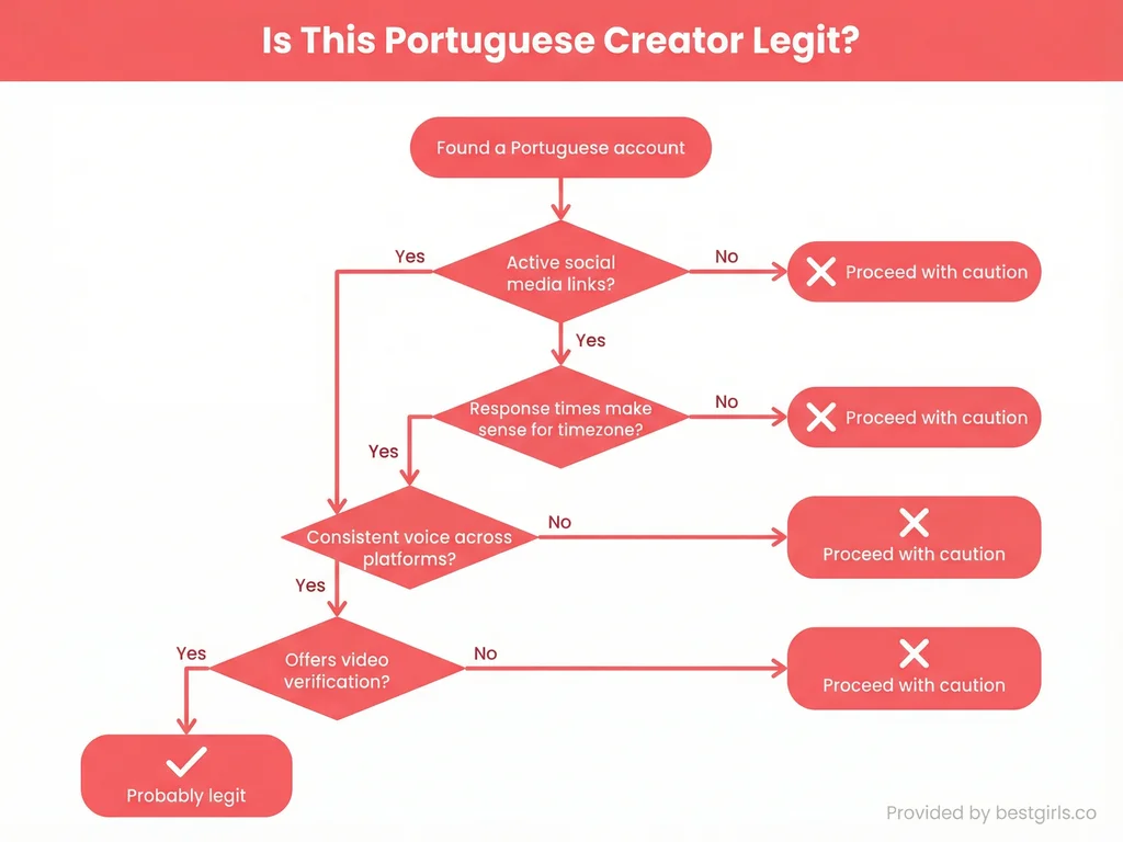 Flowchart helping users verify authenticity of Portuguese OnlyFans creators