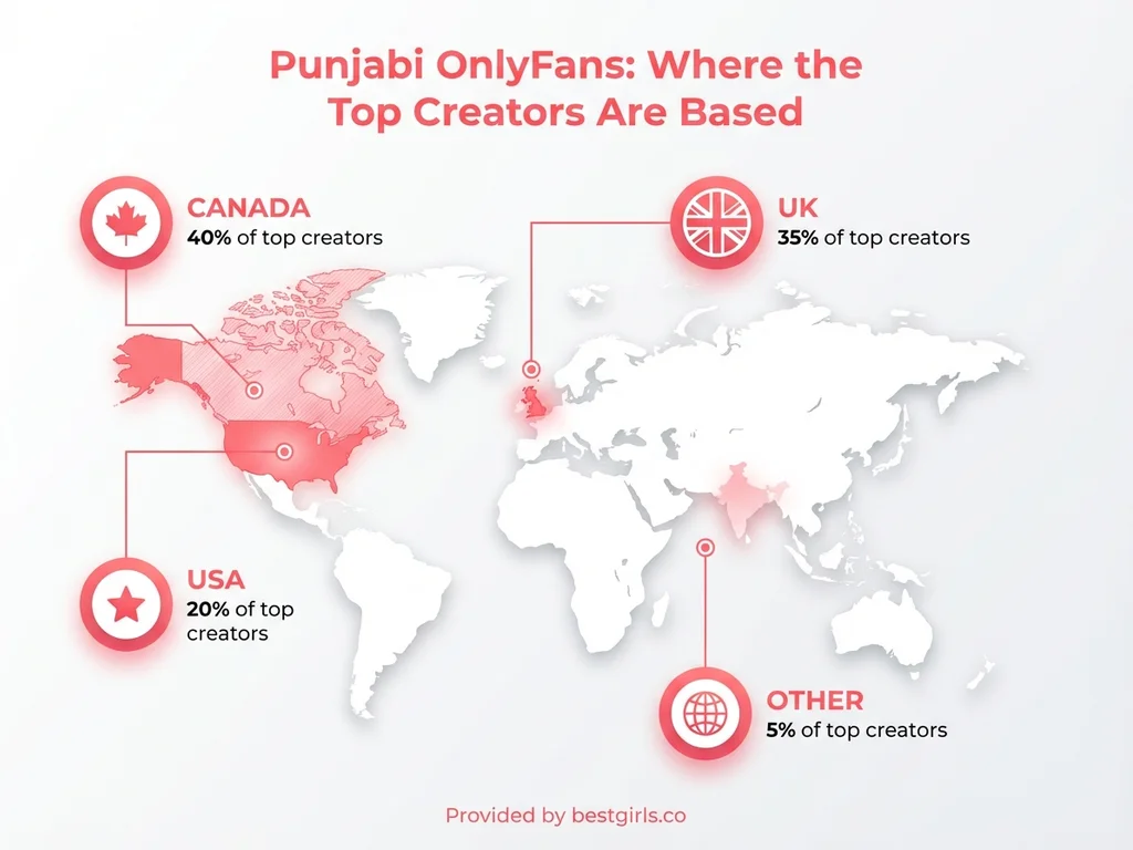 Infographic showing geographic distribution of top Punjabi OnlyFans creators across Canada, UK, and USA