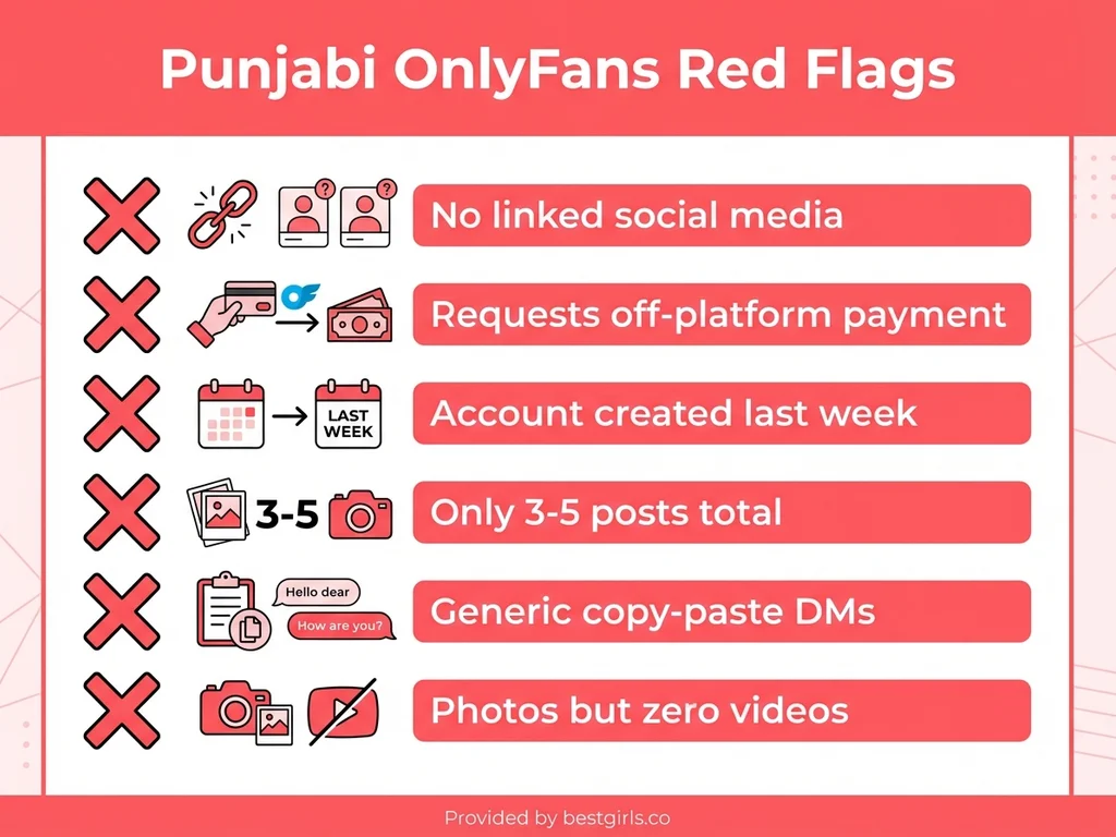 Checklist infographic showing warning signs of fake Punjabi OnlyFans accounts