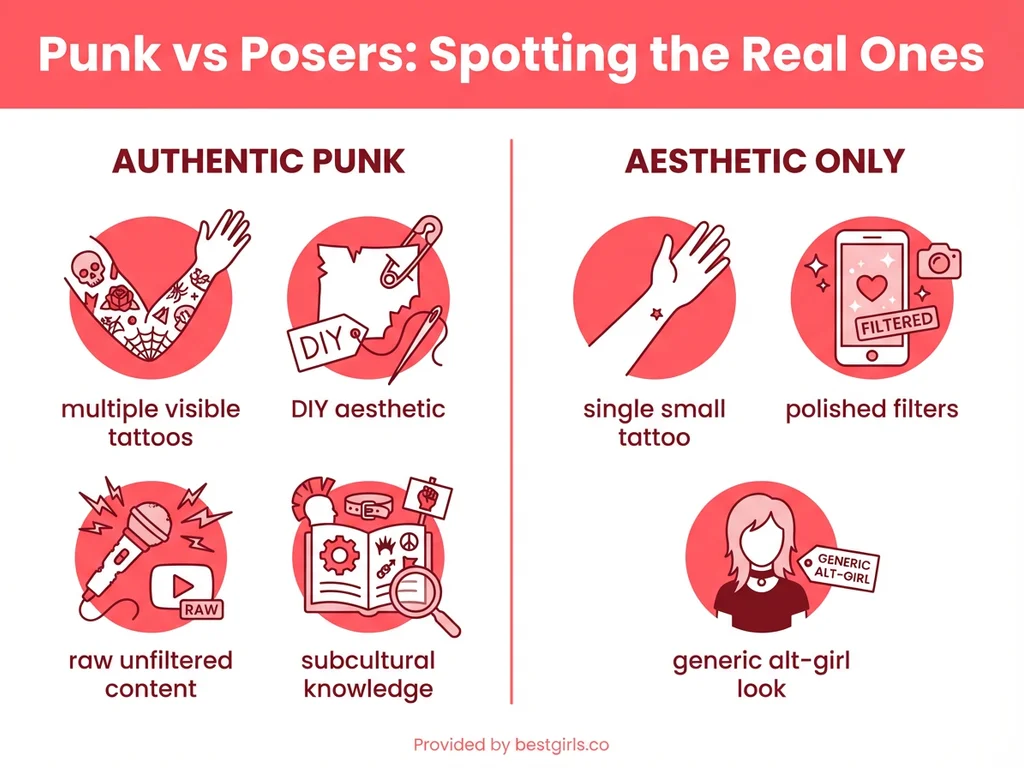 Comparison chart showing differences between authentic punk creators and aesthetic-only accounts