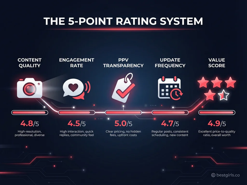 OnlyFans creator rating criteria infographic showing five evaluation categories