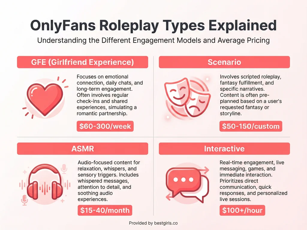 Infographic explaining four types of roleplay OnlyFans content with pricing