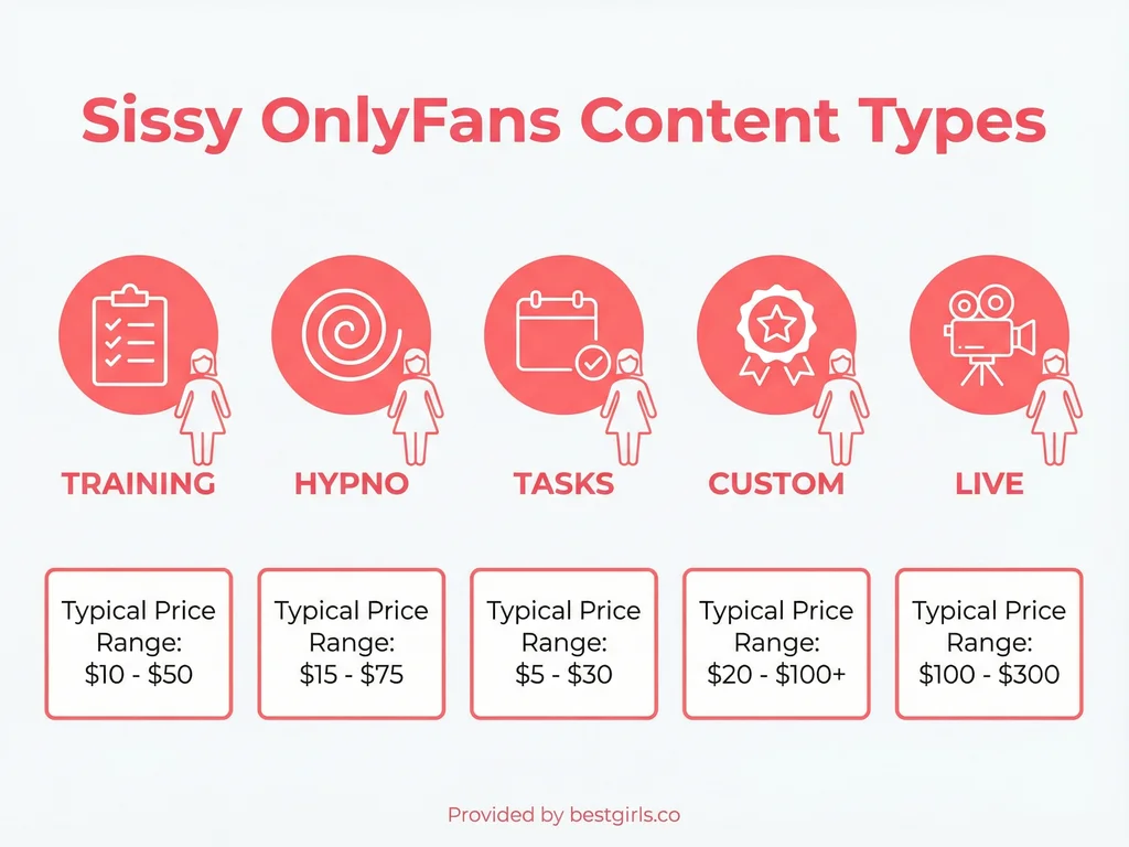 Infographic showing five types of sissy OnlyFans content with icons
