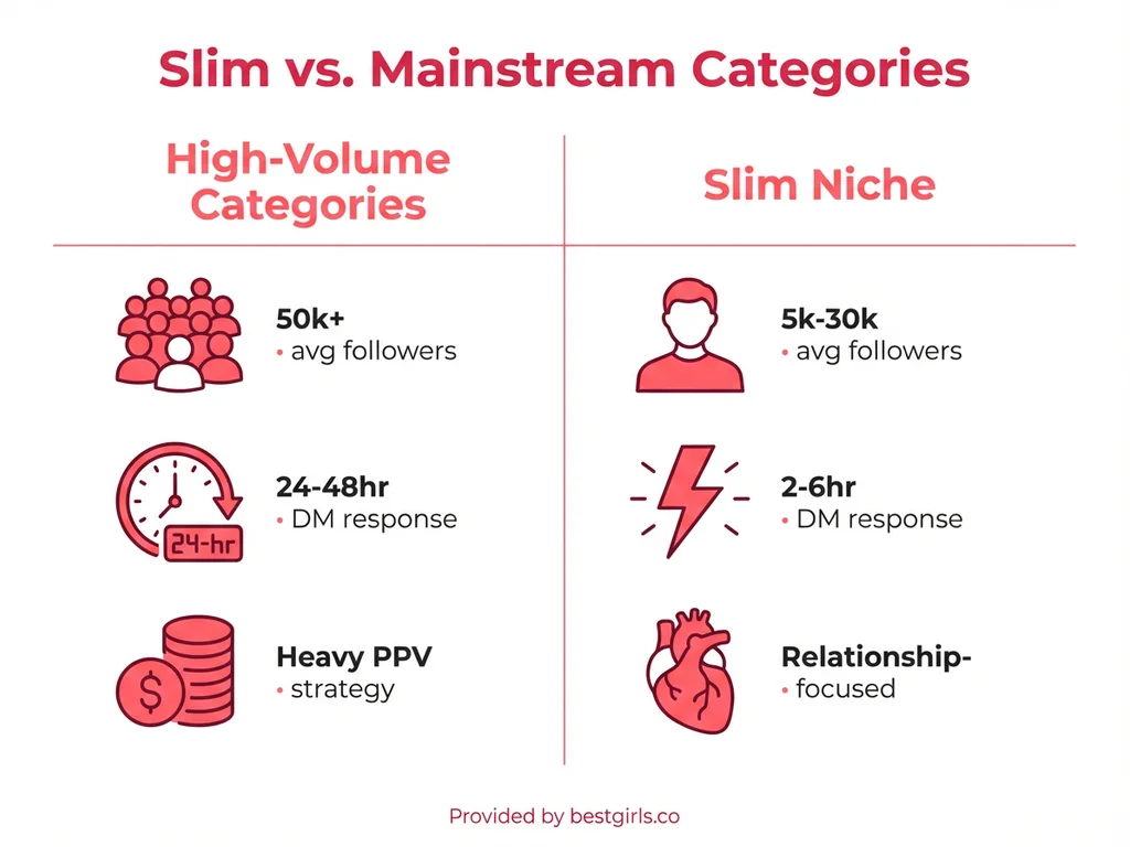 Comparison infographic showing engagement differences between mainstream and slim OnlyFans categories