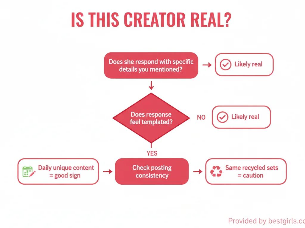 Flowchart helping subscribers identify authentic vs agency-managed OnlyFans accounts