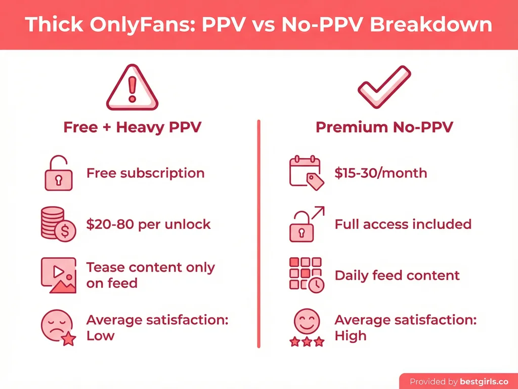 Comparison chart showing PPV versus no-PPV pricing models for thick OnlyFans creators