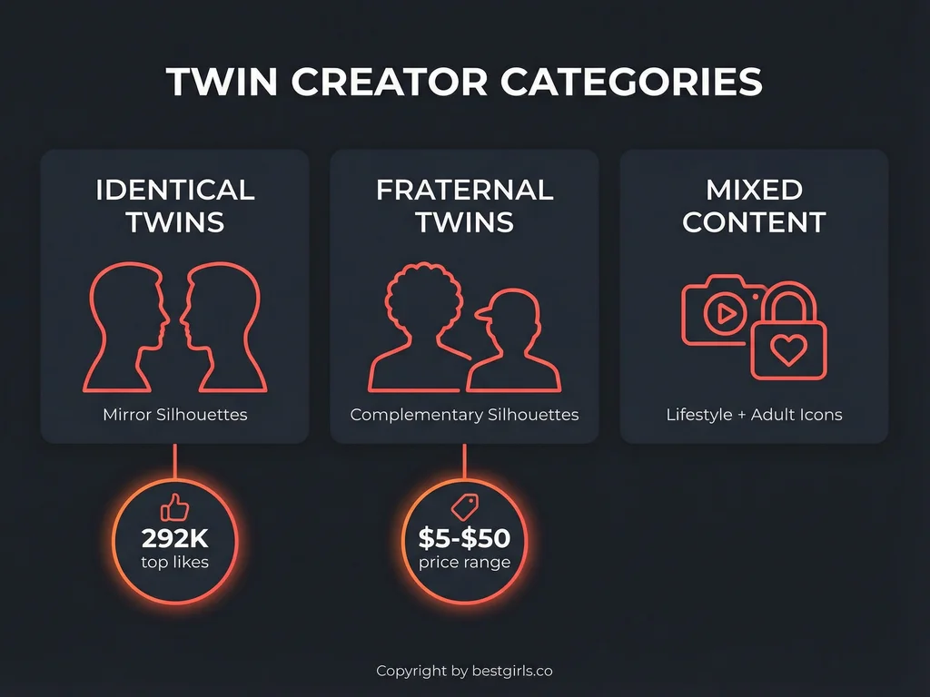 Infographic categorizing types of twin OnlyFans creators with engagement statistics
