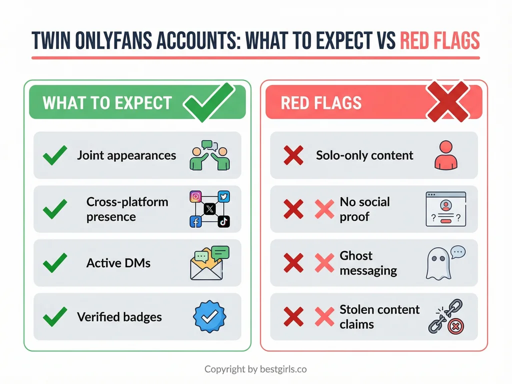Comparison chart showing legitimate vs suspicious twin OnlyFans account characteristics