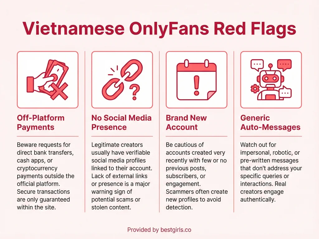 Infographic showing four warning signs of fake Vietnamese OnlyFans accounts