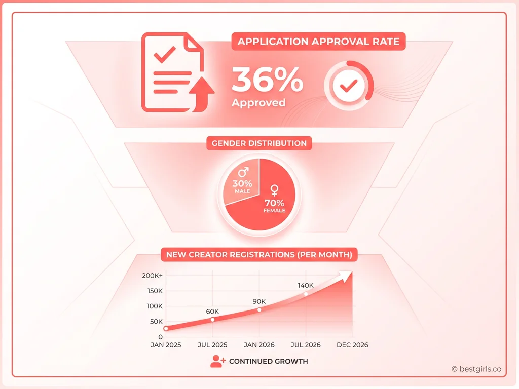 Infographic showing OnlyFans new creator statistics and approval rates for 2026